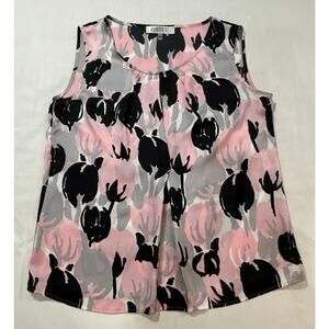 Kasper Pink and Black Floral Sleeveless Pleated Neck Blouse Size L